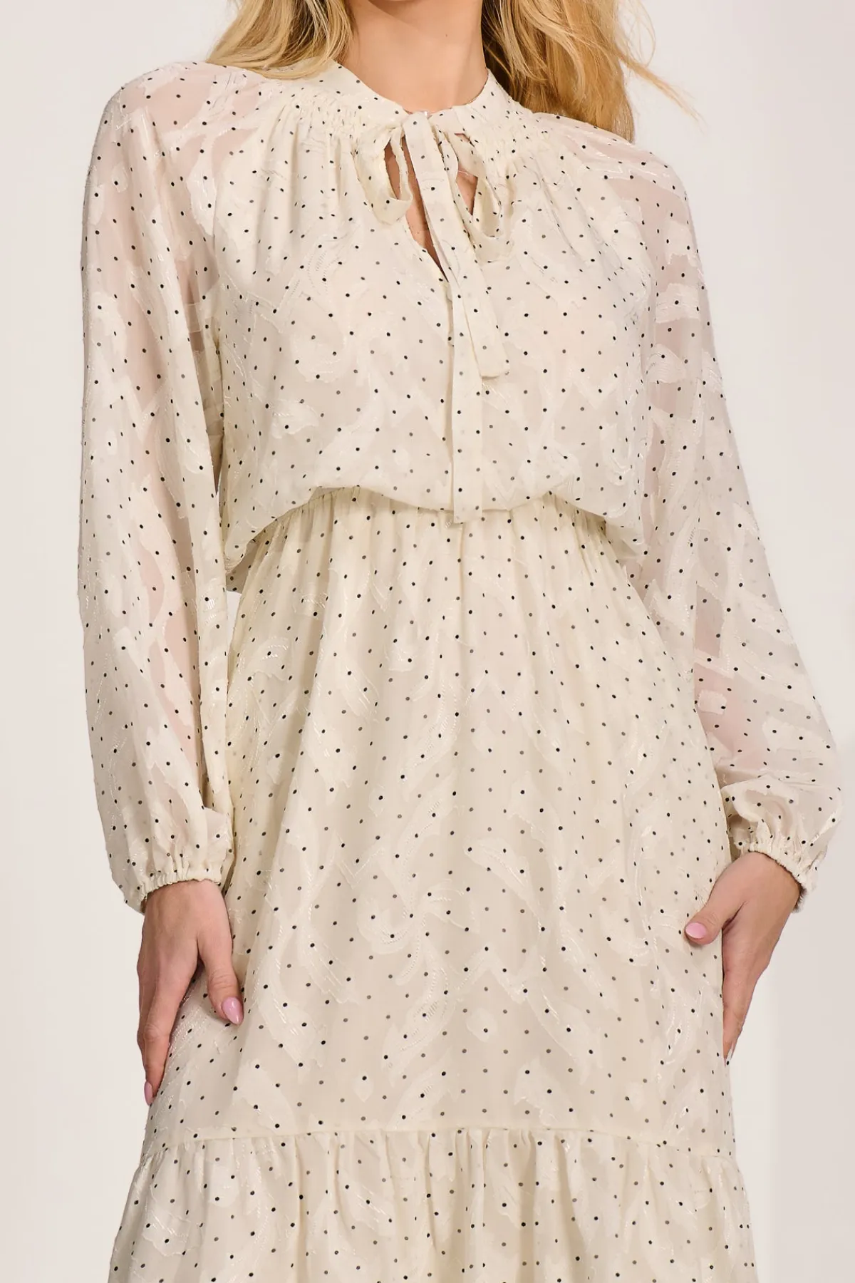 Jolie Moi Occasion Dresses|Wedding Guest-Textured Chiffon Long Sleeve Maxi Dress, Cream Spot