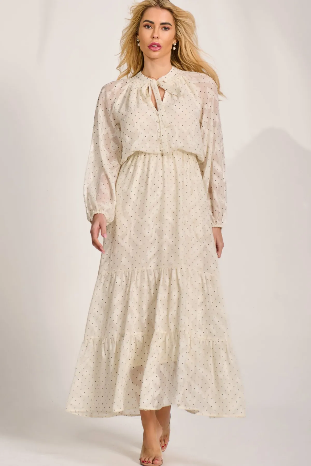 Jolie Moi Occasion Dresses|Wedding Guest-Textured Chiffon Long Sleeve Maxi Dress, Cream Spot