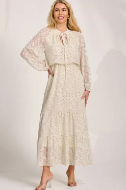 Jolie Moi Occasion Dresses|Wedding Guest-Textured Chiffon Long Sleeve Maxi Dress, Cream Spot