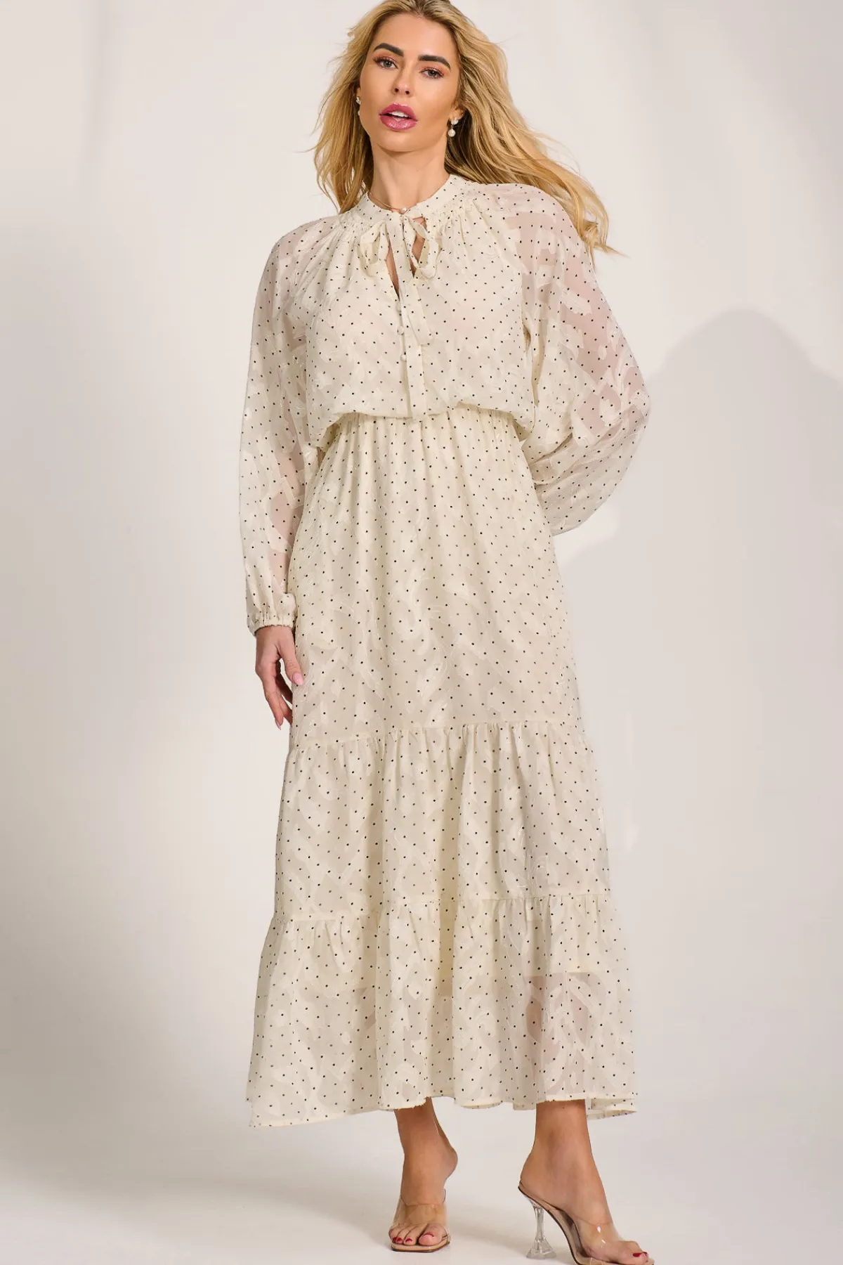 Jolie Moi Occasion Dresses|Wedding Guest-Textured Chiffon Long Sleeve Maxi Dress, Cream Spot