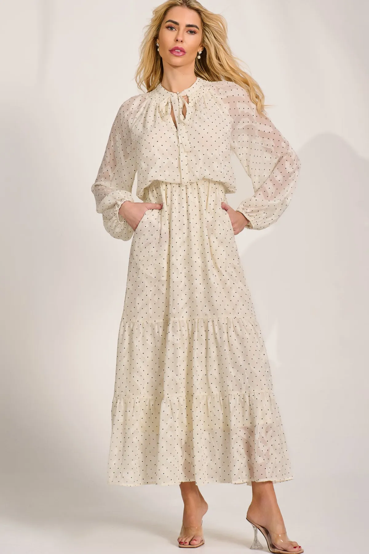 Jolie Moi Occasion Dresses|Wedding Guest-Textured Chiffon Long Sleeve Maxi Dress, Cream Spot