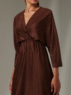 Jolie Moi Occasion Dresses|Party Dresses-Texture Jersey Long Sleeve Maxi Dress, Chocolate