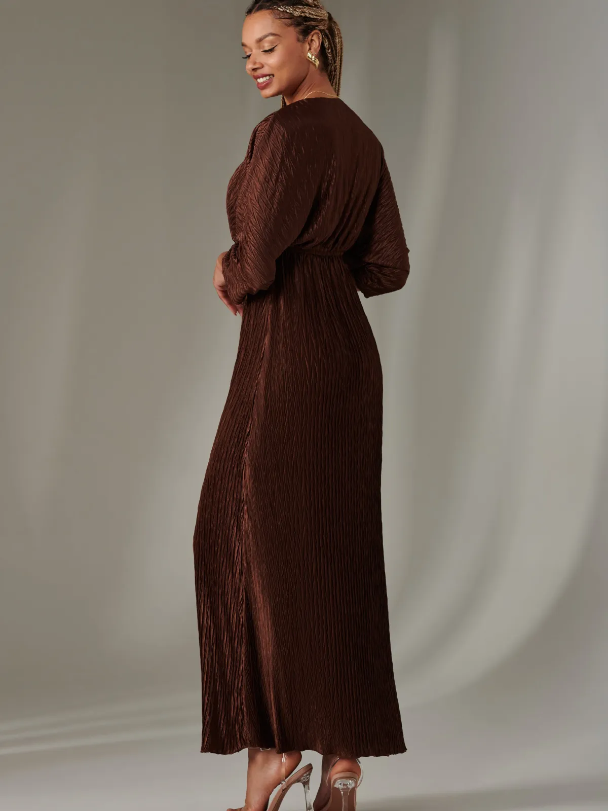 Jolie Moi Occasion Dresses|Party Dresses-Texture Jersey Long Sleeve Maxi Dress, Chocolate