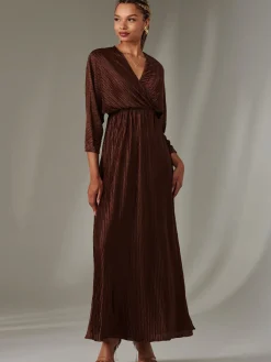 Jolie Moi Occasion Dresses|Party Dresses-Texture Jersey Long Sleeve Maxi Dress, Chocolate