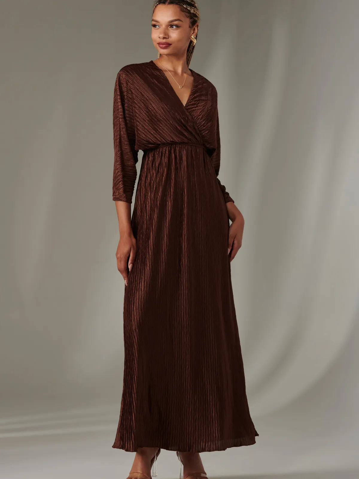 Jolie Moi Occasion Dresses|Party Dresses-Texture Jersey Long Sleeve Maxi Dress, Chocolate