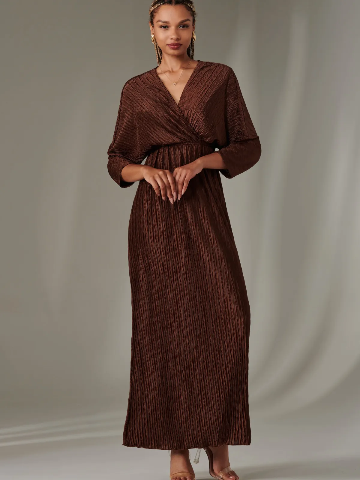 Jolie Moi Occasion Dresses|Party Dresses-Texture Jersey Long Sleeve Maxi Dress, Chocolate