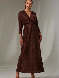 Jolie Moi Occasion Dresses|Party Dresses-Texture Jersey Long Sleeve Maxi Dress, Chocolate
