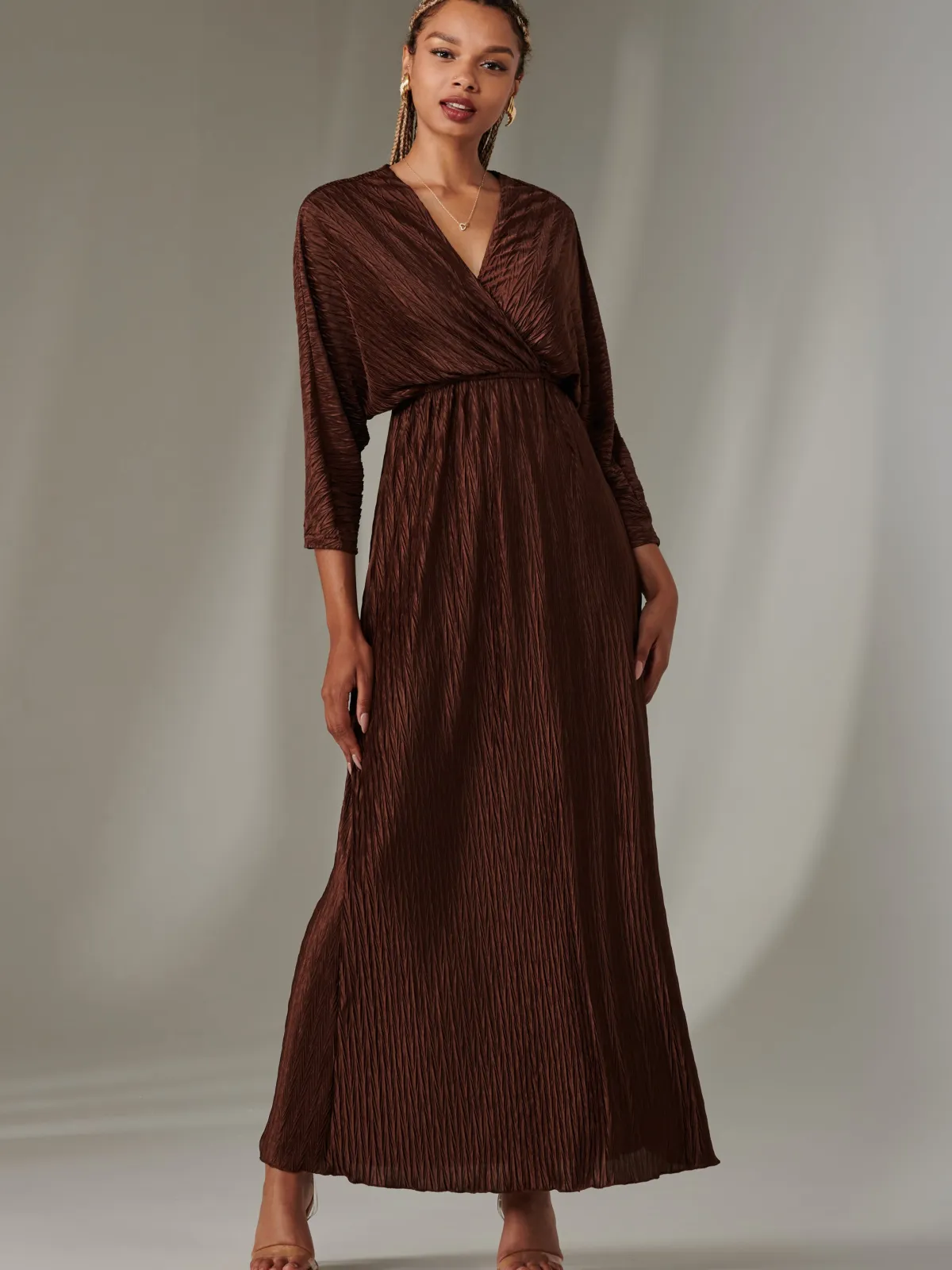 Jolie Moi Occasion Dresses|Party Dresses-Texture Jersey Long Sleeve Maxi Dress, Chocolate