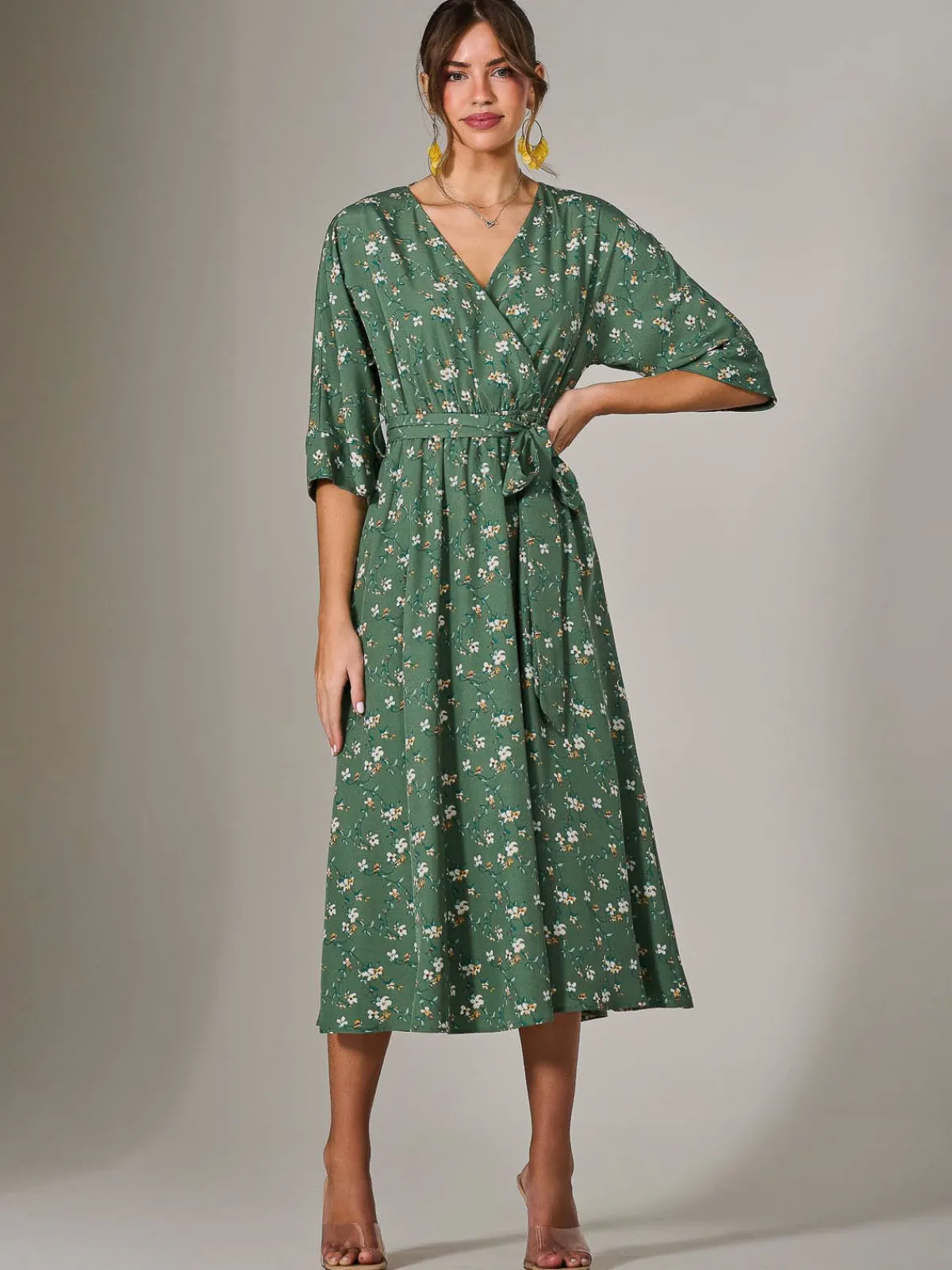Jolie Moi Occasion Dresses|Midi Dresses-Tie Front Half Sleeve Midi Dress, Green Floral