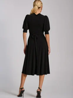 Jolie Moi Occasion Dresses|Jersey Dresses-Tie Neck Puffy Sleeve Jersey Midi Dress, Black