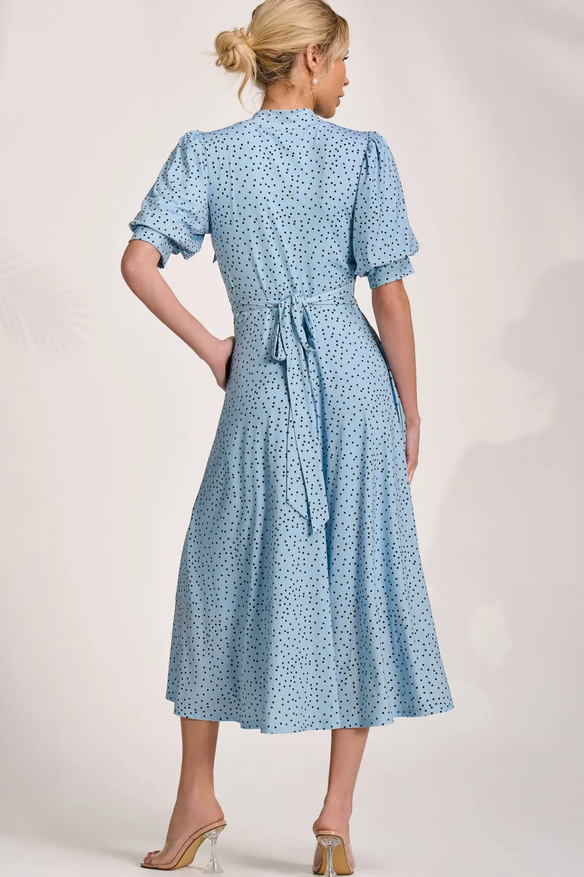 Jolie Moi Occasion Dresses|Wedding Guest-Tie Neck Puffy Sleeve Jersey Midi Dress, Blue Spot