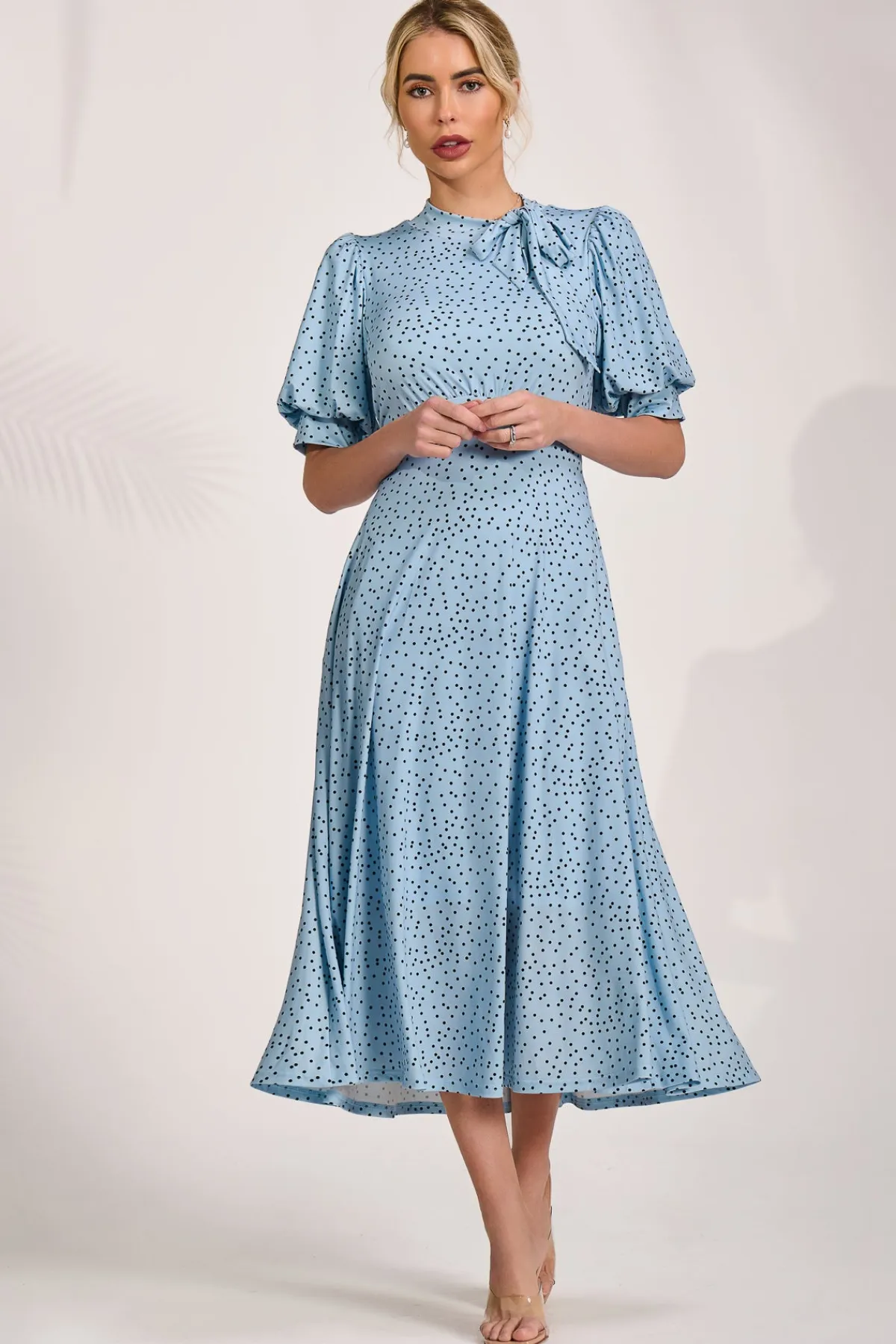 Jolie Moi Occasion Dresses|Wedding Guest-Tie Neck Puffy Sleeve Jersey Midi Dress, Blue Spot