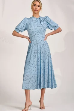 Jolie Moi Occasion Dresses|Wedding Guest-Tie Neck Puffy Sleeve Jersey Midi Dress, Blue Spot