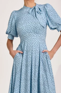 Jolie Moi Occasion Dresses|Wedding Guest-Tie Neck Puffy Sleeve Jersey Midi Dress, Blue Spot