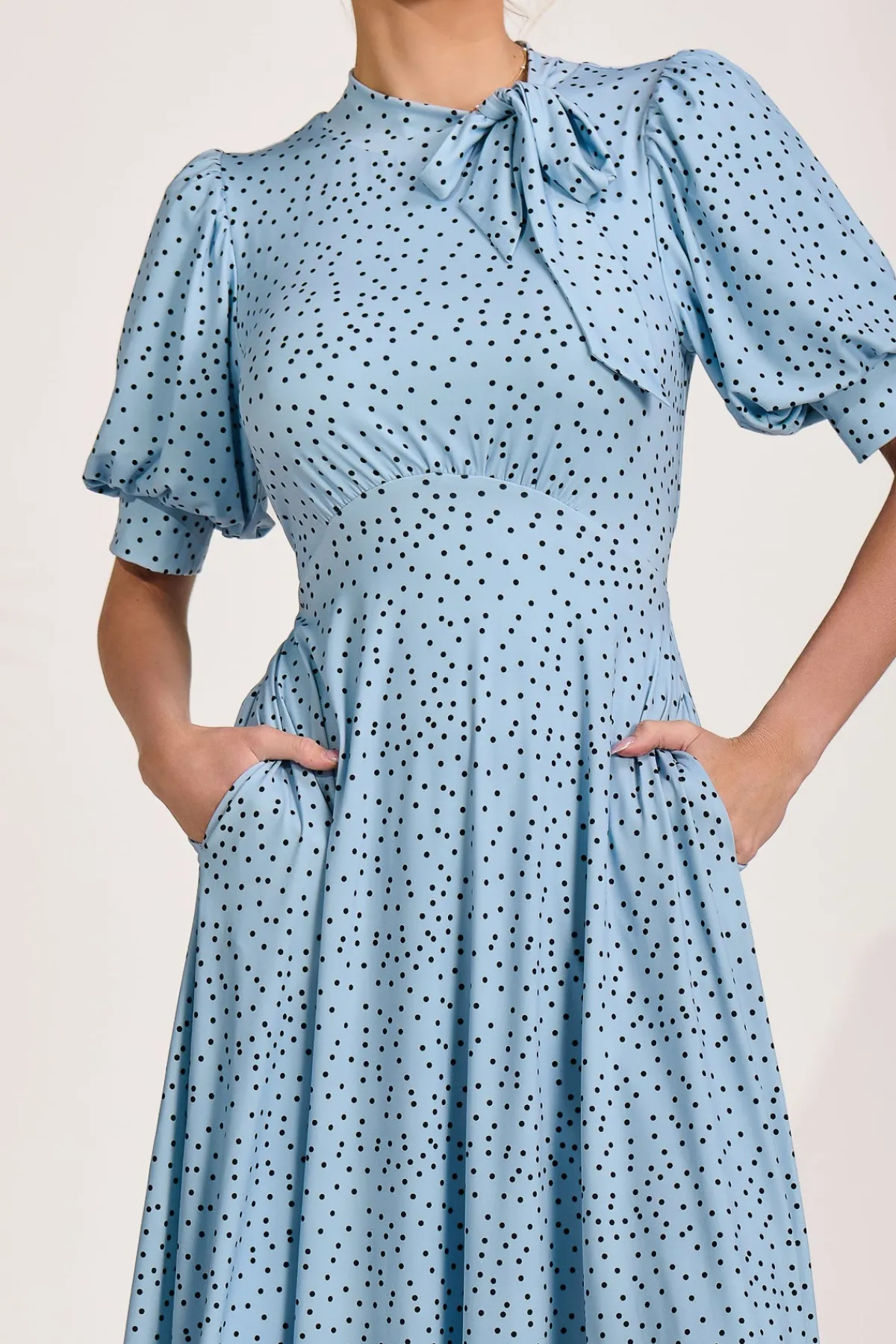 Jolie Moi Occasion Dresses|Wedding Guest-Tie Neck Puffy Sleeve Jersey Midi Dress, Blue Spot