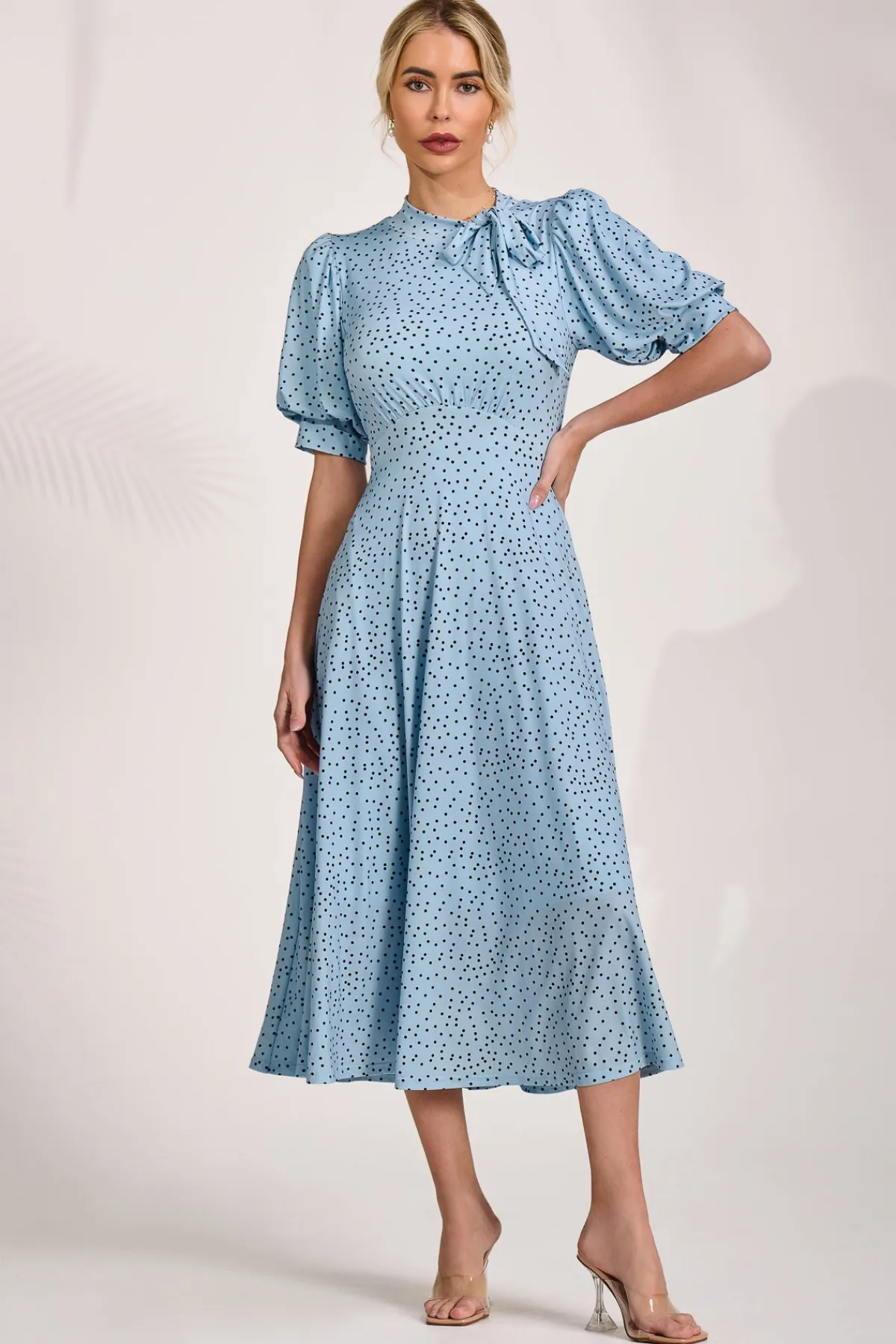 Jolie Moi Occasion Dresses|Wedding Guest-Tie Neck Puffy Sleeve Jersey Midi Dress, Blue Spot