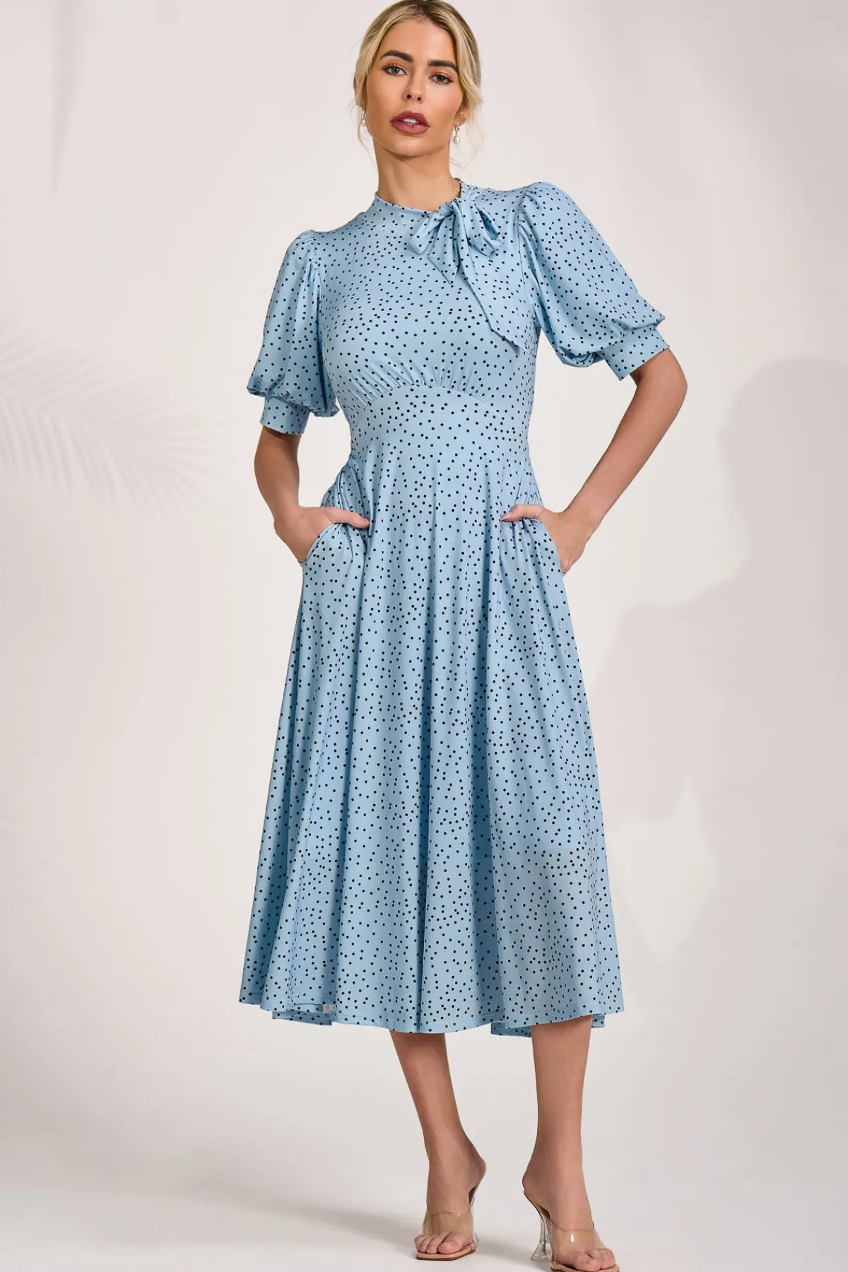 Jolie Moi Occasion Dresses|Wedding Guest-Tie Neck Puffy Sleeve Jersey Midi Dress, Blue Spot