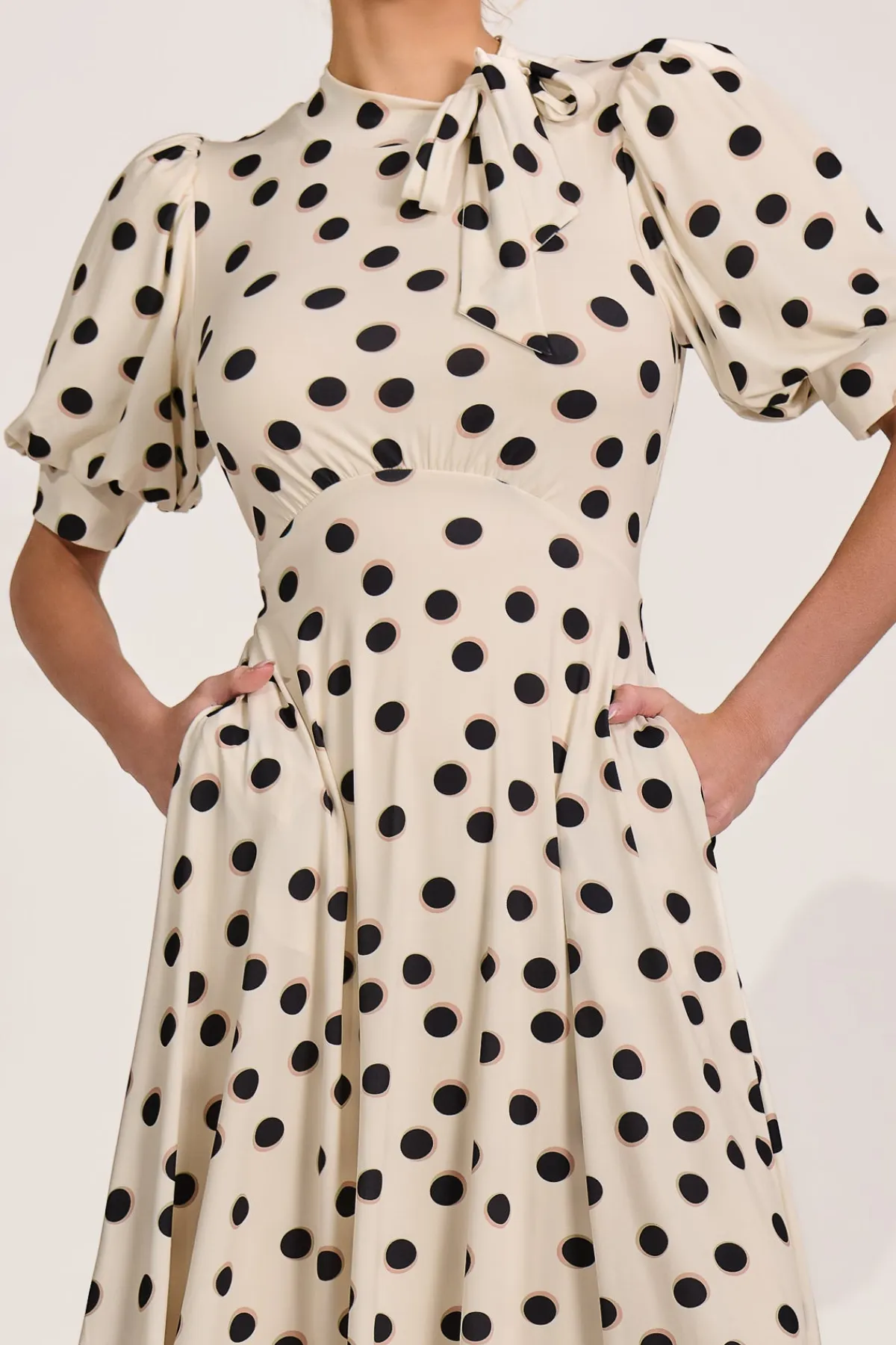 Jolie Moi Occasion Dresses|Jersey Dresses-Tie Neck Puffy Sleeve Jersey Midi Dress, Cream Spot