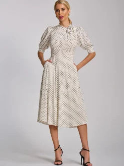 Jolie Moi Occasion Dresses|Jersey Dresses-Tie Neck Puffy Sleeve Jersey Midi Dress, White Polka Dot