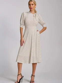 Jolie Moi Occasion Dresses|Jersey Dresses-Tie Neck Puffy Sleeve Jersey Midi Dress, White Polka Dot