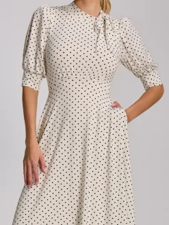 Jolie Moi Occasion Dresses|Jersey Dresses-Tie Neck Puffy Sleeve Jersey Midi Dress, White Polka Dot