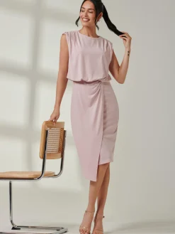 Jolie Moi Occasion Dresses|Sleeveless Dresses-Tiered Draped Pencil Dress, Light Pink