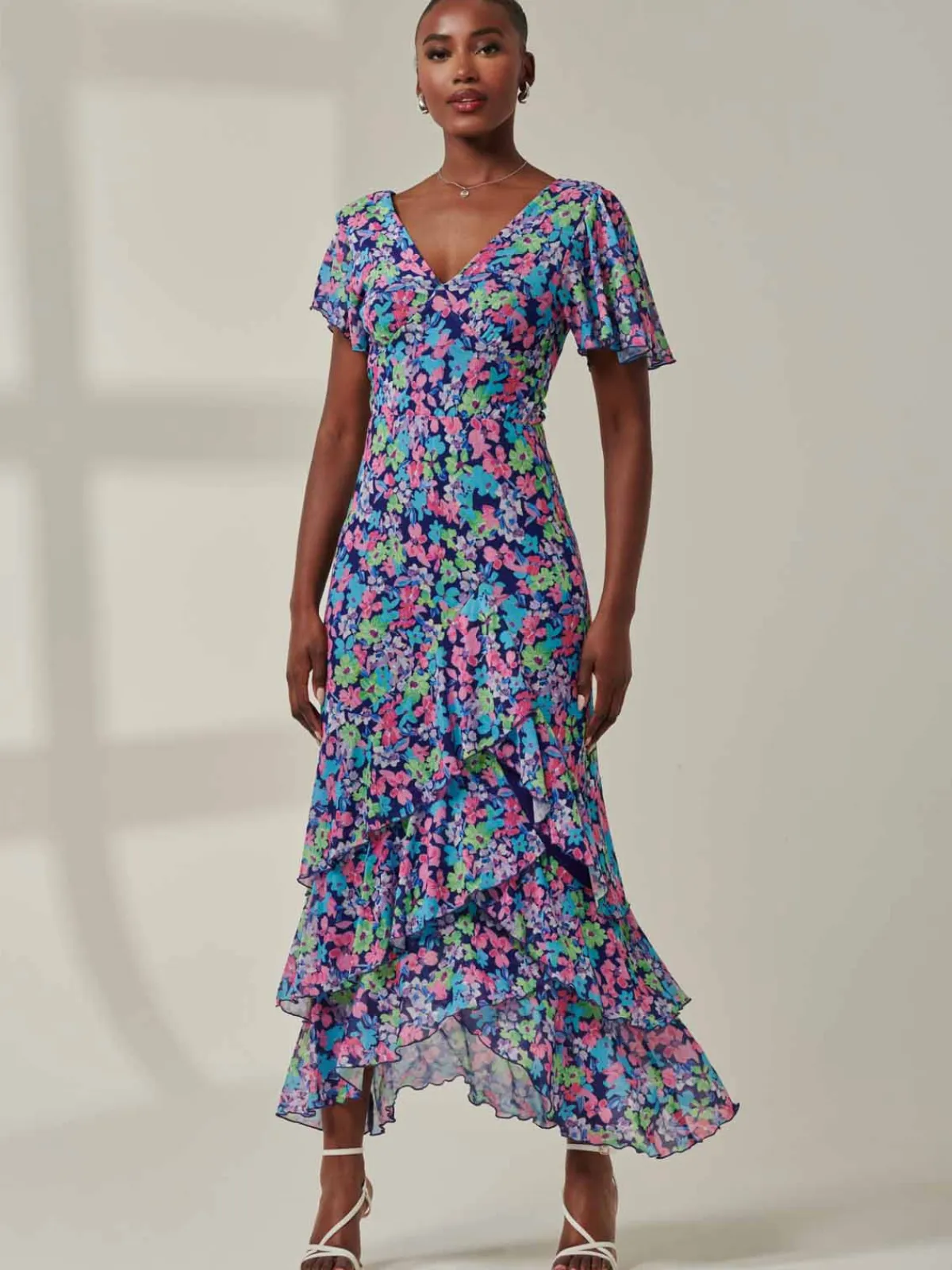 Jolie Moi Occasion Dresses|Floral Dresses-Tiered Floral Maxi Dress, Floral Multi