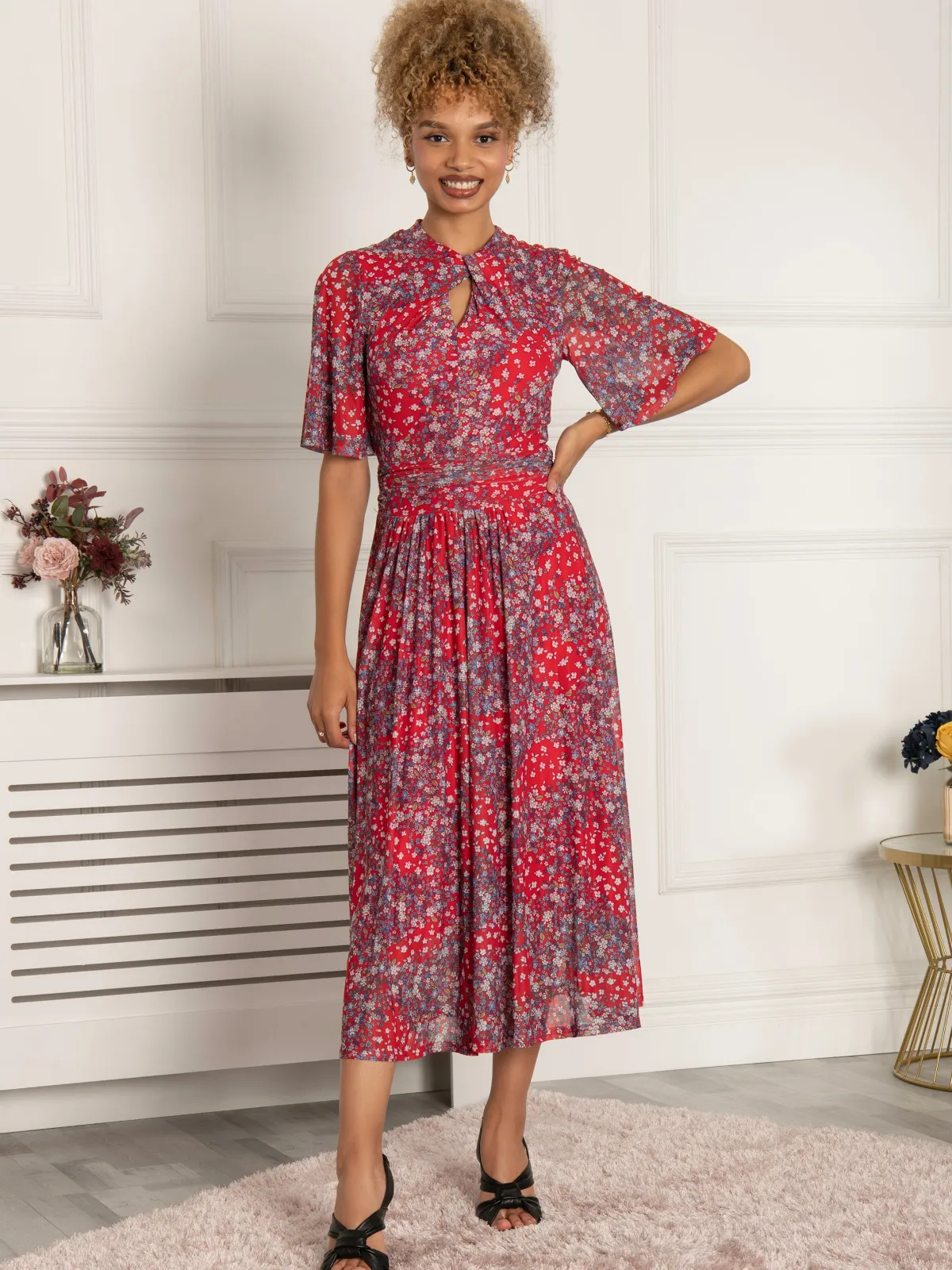 Jolie Moi Occasion Dresses|Office Wear-Tina Turtle Neck Mesh Dress, Red Floral