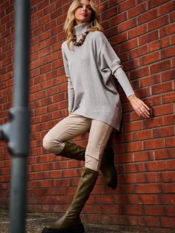 Jolie Moi Weekend Casuals|Knitted Jumpers-Turtleneck Batwing Fine Knit Jumper, Light Grey
