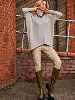 Jolie Moi Weekend Casuals|Knitted Jumpers-Turtleneck Batwing Fine Knit Jumper, Light Grey