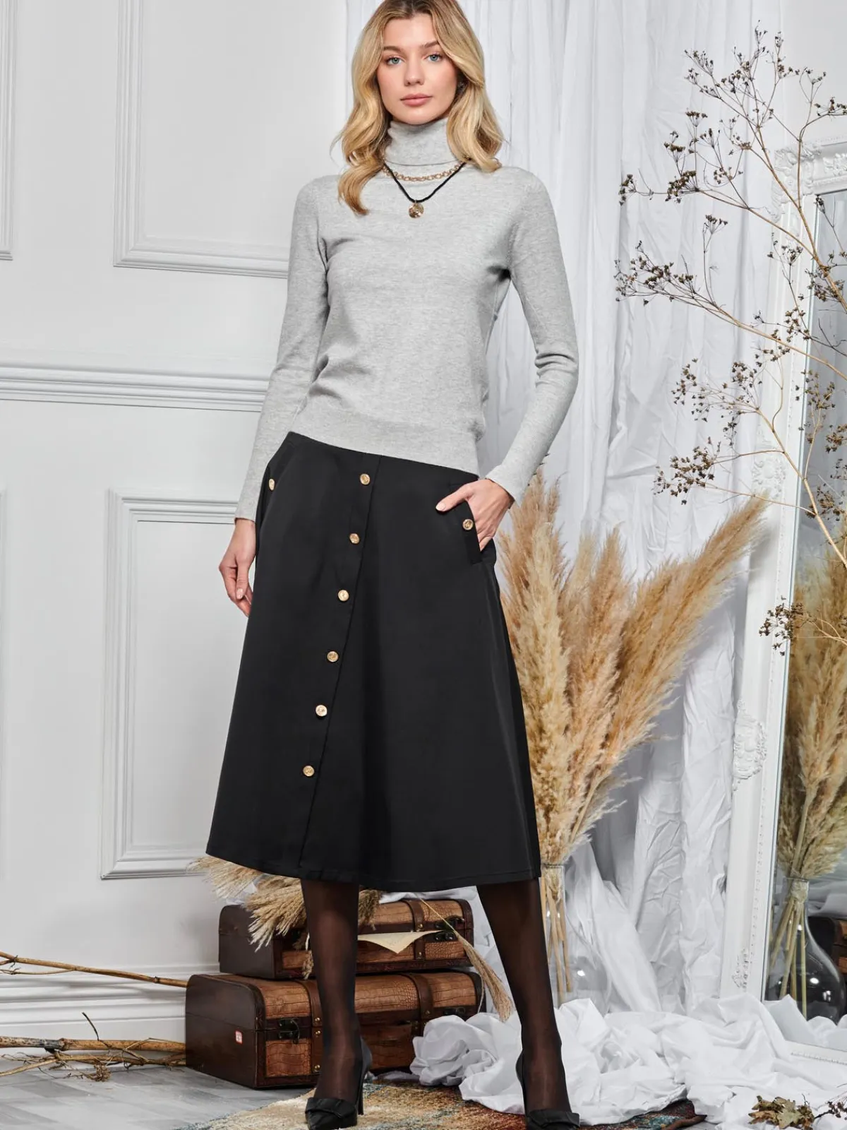 Jolie Moi Weekend Casuals|Knitted Jumpers-Turtleneck Fine Knit Fittted Jumper, Dove Heather