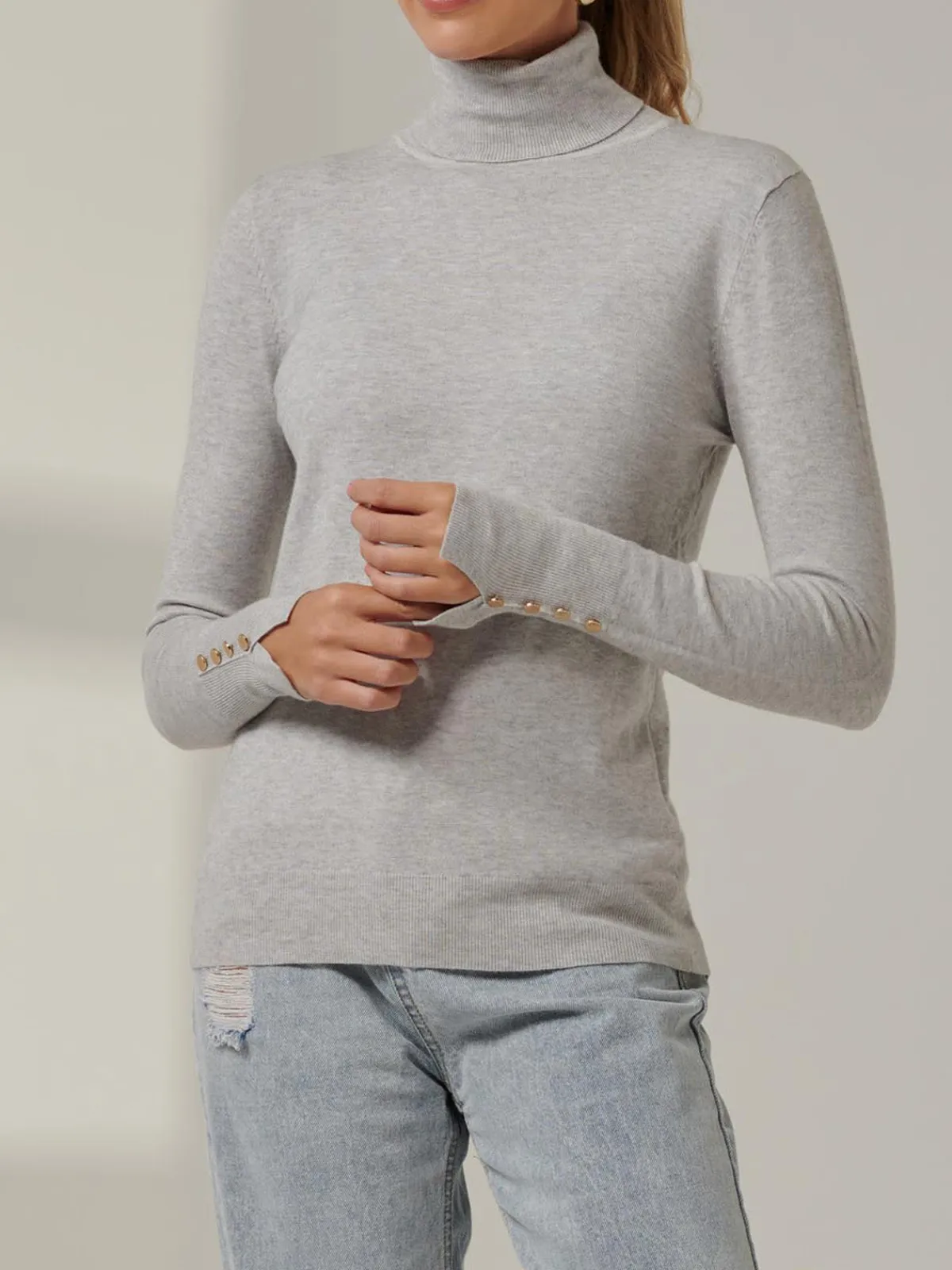 Jolie Moi Weekend Casuals|Knitted Jumpers-Turtleneck Fine Knit Fittted Jumper, Dove Heather