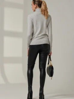 Jolie Moi Weekend Casuals|Knitted Jumpers-Turtleneck Fine Knit Fittted Jumper, Dove Heather