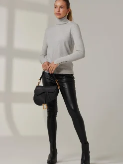 Jolie Moi Weekend Casuals|Knitted Jumpers-Turtleneck Fine Knit Fittted Jumper, Dove Heather