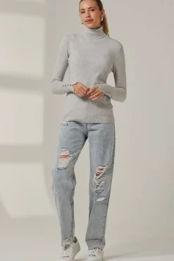 Jolie Moi Weekend Casuals|Knitted Jumpers-Turtleneck Fine Knit Fittted Jumper, Dove Heather
