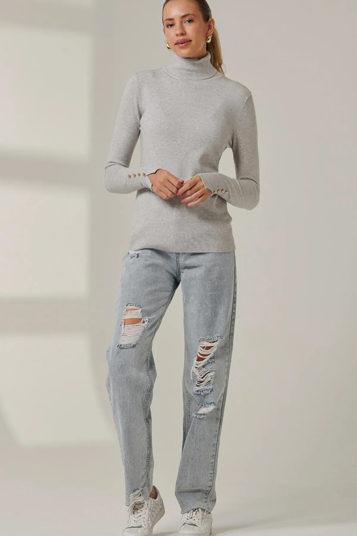 Jolie Moi Weekend Casuals|Knitted Jumpers-Turtleneck Fine Knit Fittted Jumper, Dove Heather