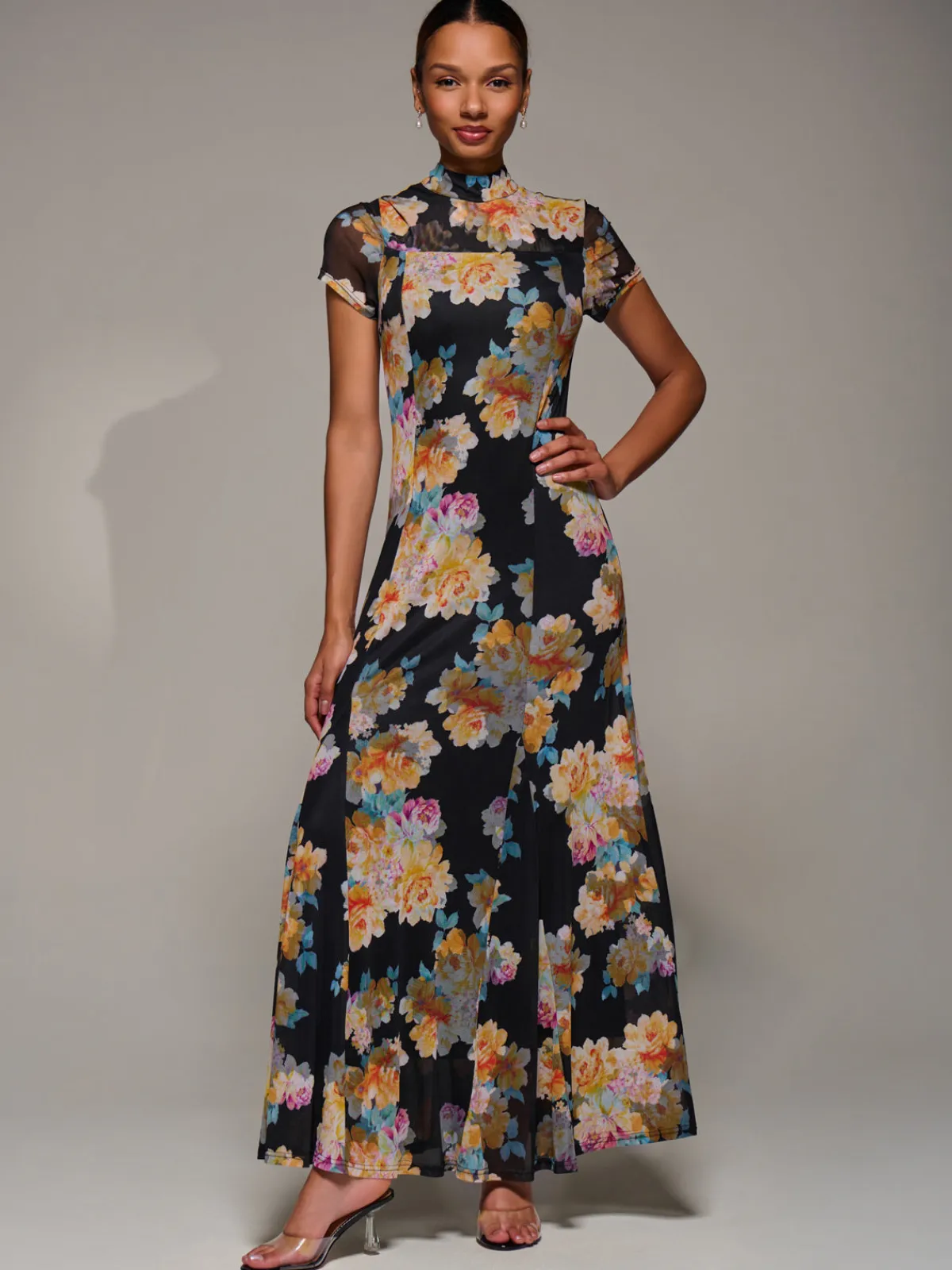 Jolie Moi Occasion Dresses|Floral Dresses-Turtle Neckline Mesh Maxi Dress, Yellow Floral