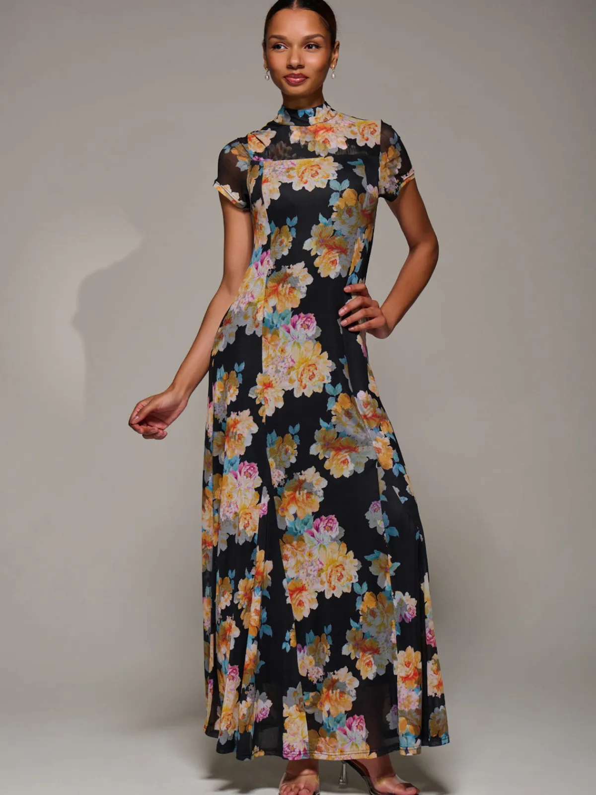 Jolie Moi Occasion Dresses|Floral Dresses-Turtle Neckline Mesh Maxi Dress, Yellow Floral
