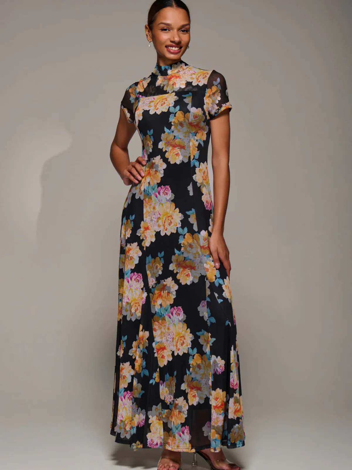 Jolie Moi Occasion Dresses|Floral Dresses-Turtle Neckline Mesh Maxi Dress, Yellow Floral