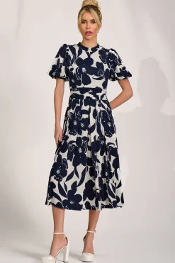 Jolie Moi Occasion Dresses|Floral Dresses-Turtle Neck Puff Sleeve Jersey Midi Dress, Cream Floral
