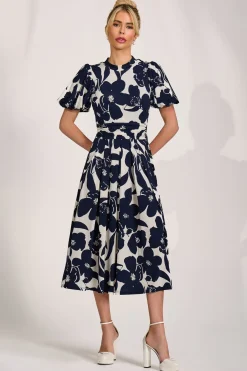 Jolie Moi Occasion Dresses|Floral Dresses-Turtle Neck Puff Sleeve Jersey Midi Dress, Cream Floral