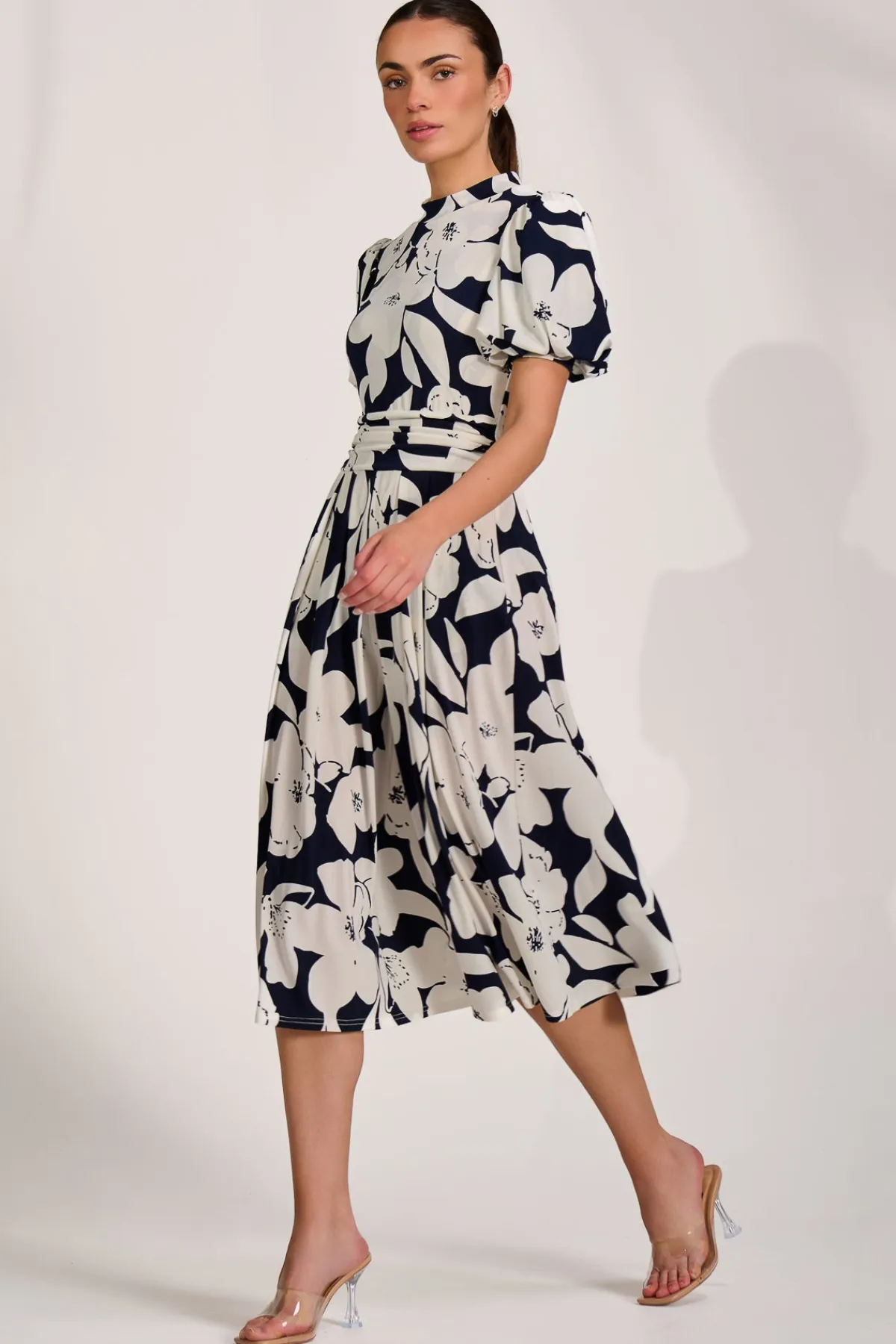 Jolie Moi Occasion Dresses|Wedding Guest-Turtle Neck Puff Sleeve Jersey Midi Dress, Navy Floral