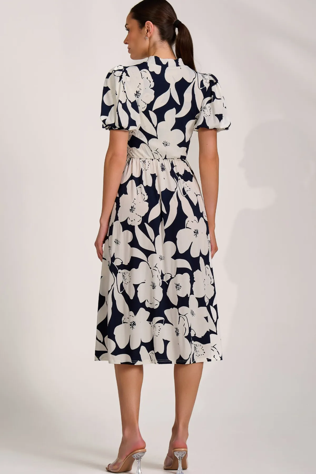Jolie Moi Occasion Dresses|Wedding Guest-Turtle Neck Puff Sleeve Jersey Midi Dress, Navy Floral