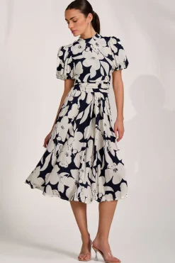 Jolie Moi Occasion Dresses|Wedding Guest-Turtle Neck Puff Sleeve Jersey Midi Dress, Navy Floral