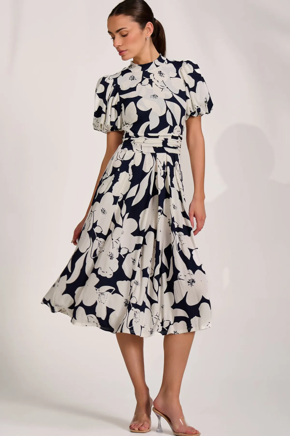 Jolie Moi Occasion Dresses|Wedding Guest-Turtle Neck Puff Sleeve Jersey Midi Dress, Navy Floral