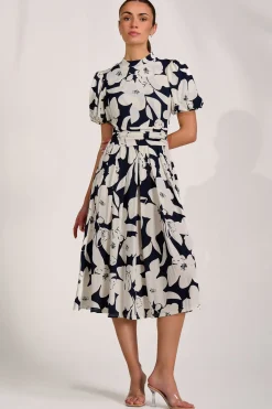 Jolie Moi Occasion Dresses|Wedding Guest-Turtle Neck Puff Sleeve Jersey Midi Dress, Navy Floral