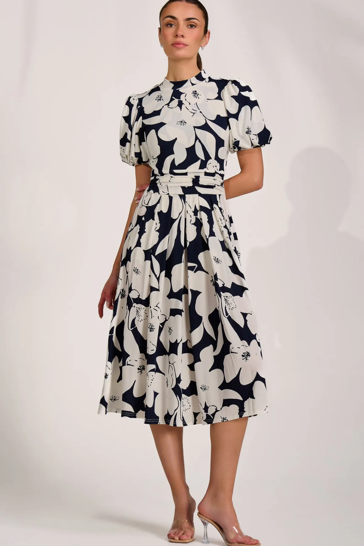 Jolie Moi Occasion Dresses|Wedding Guest-Turtle Neck Puff Sleeve Jersey Midi Dress, Navy Floral