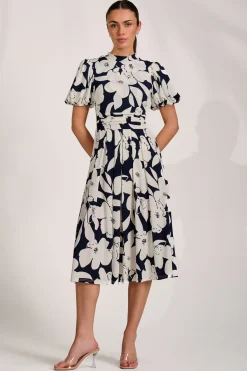 Jolie Moi Occasion Dresses|Wedding Guest-Turtle Neck Puff Sleeve Jersey Midi Dress, Navy Floral