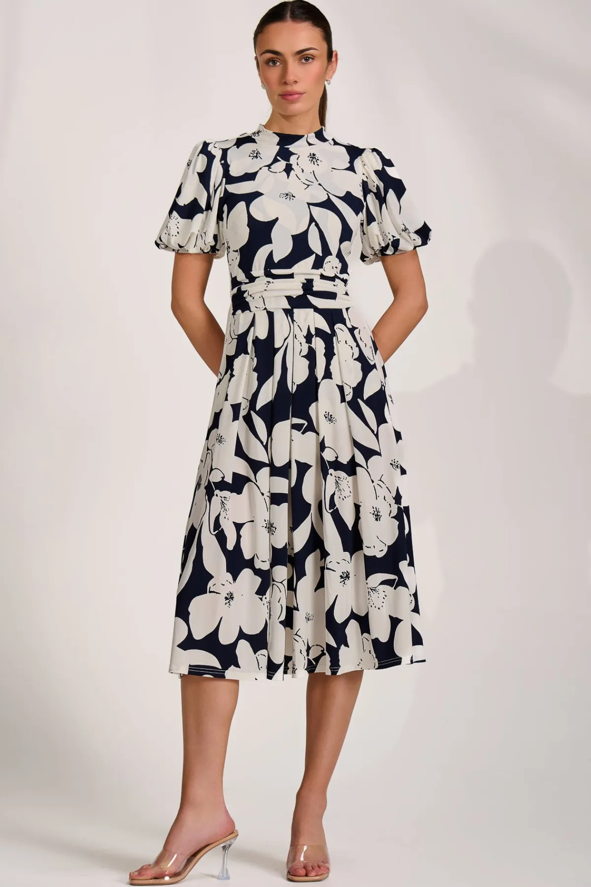 Jolie Moi Occasion Dresses|Wedding Guest-Turtle Neck Puff Sleeve Jersey Midi Dress, Navy Floral