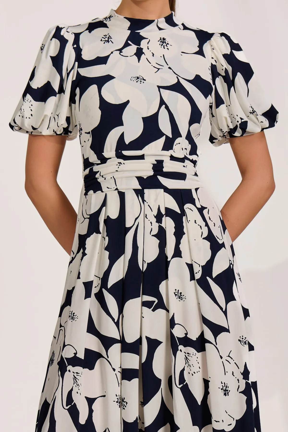 Jolie Moi Occasion Dresses|Wedding Guest-Turtle Neck Puff Sleeve Jersey Midi Dress, Navy Floral